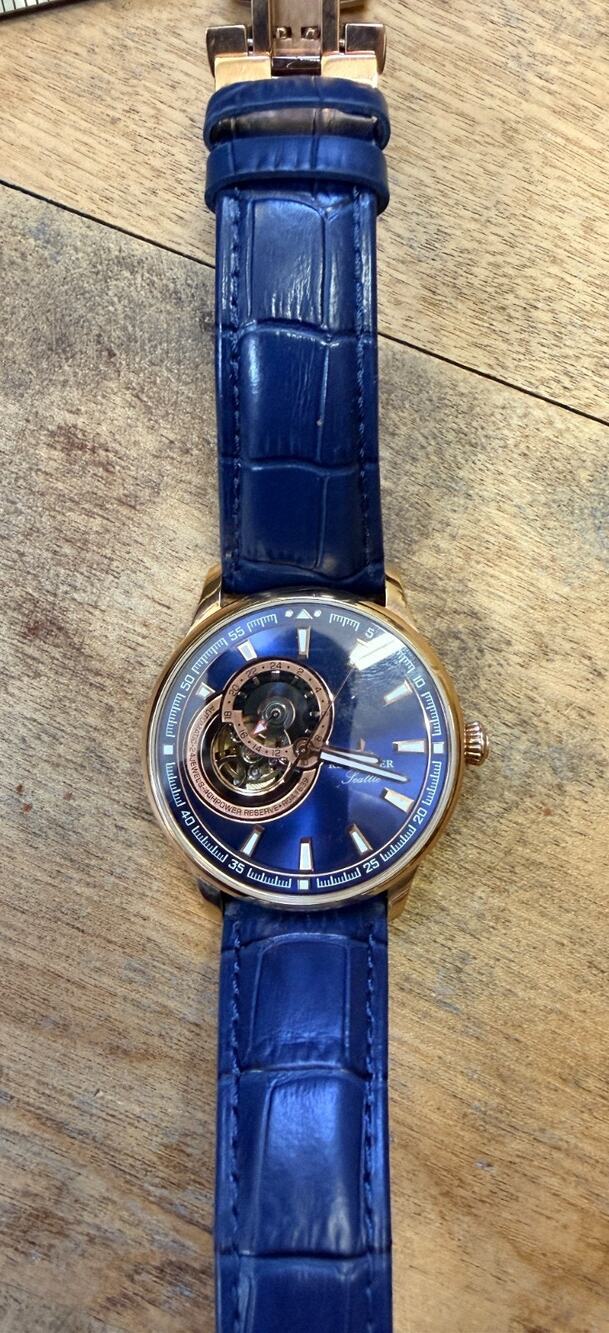 REEF TIGER Luxury Men's Blue Gold Automatic Watch Waterproof Blue Leather Strap